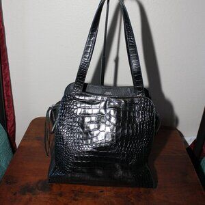 Vince Camuto Womens Black North South Tal Croc Embossed Leather Tote Bag Purse